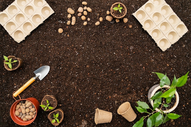 Top view gardening tools and flower pot