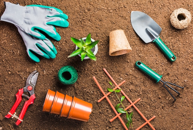 Top view of gardening tools on the ground