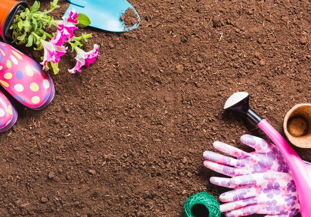 Top view of gardening tools on the ground