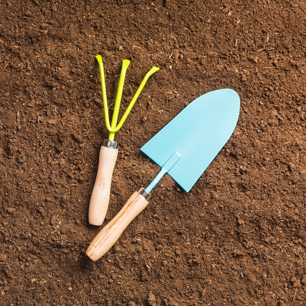 Top view of gardening tools on the ground