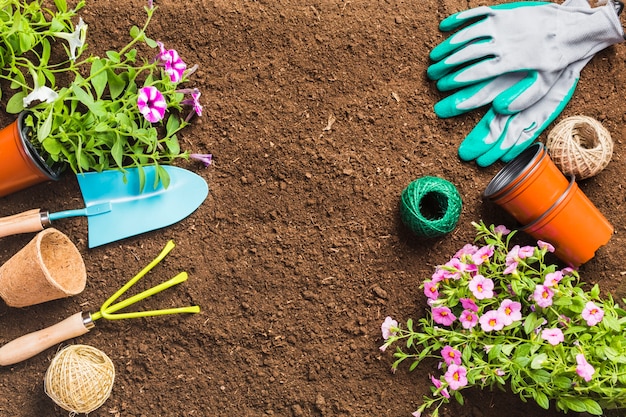 Top view of gardening tools on the ground