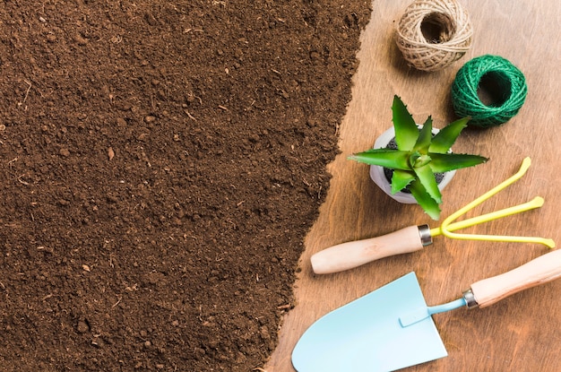 Top view of gardening tools on the ground