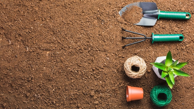 Top view of gardening tools on the ground