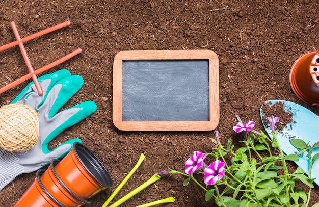 Top view of gardening tools on the ground