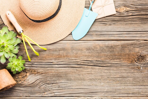 Top view of gardening tools on the wooden floor