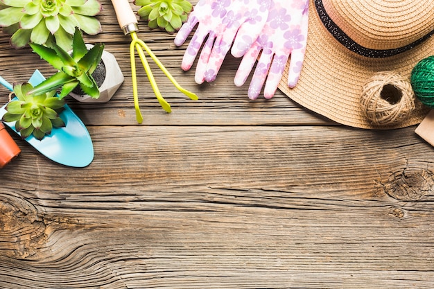 Top view of gardening tools on the wooden floor