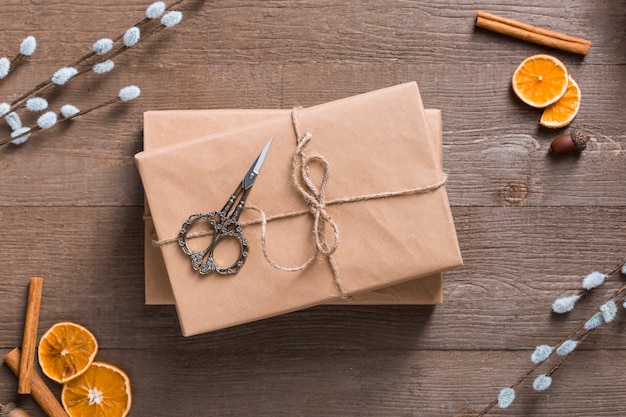 Top view gift boxes on wooden background