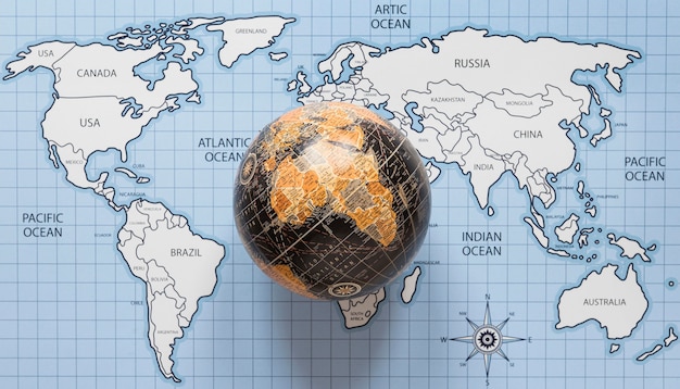 Free Photo top view globe and world map