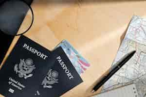 Free photo top view green cards and passports