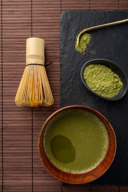 Free photo top view green matcha still life