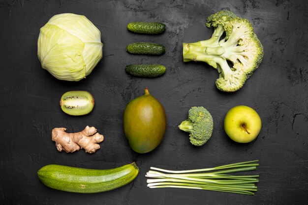 Top view green vegetables and fruits