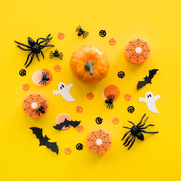 Top view halloween concept with pumpkins