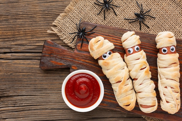 Top view halloween food with dip