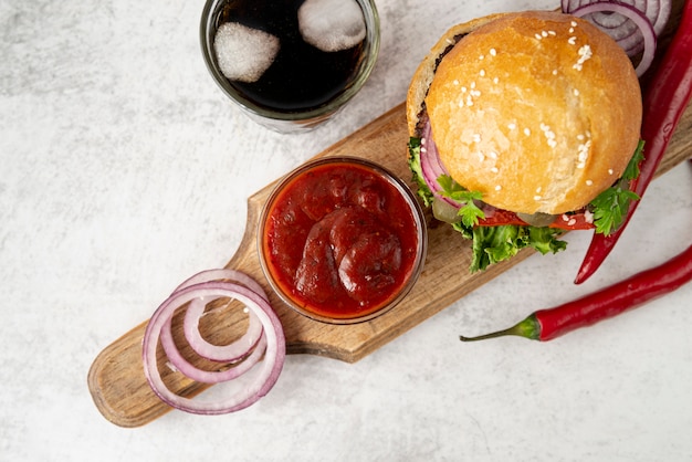 Top view hamburger on cutting board