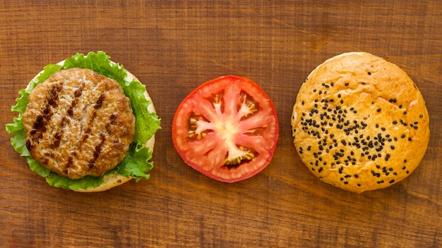 Top view hamburger ingredients on table