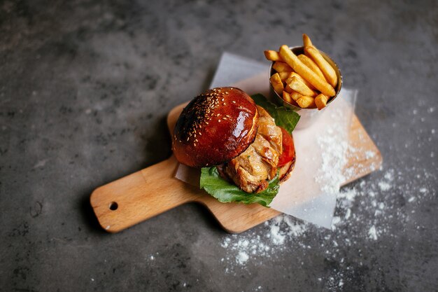 top view of hamburger with fries