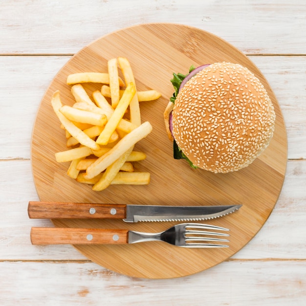 Top view hamburger with fries