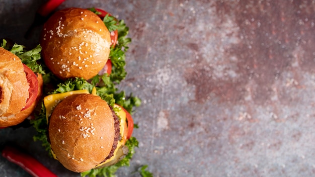 Top view hamburgers with copy space