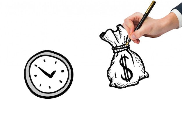 Free photo top view of hand drawing a money bag next to a clock