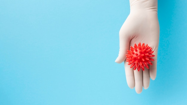 Free photo top view of hand holding virus with copy space