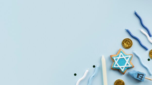 Top view of Hanukkah concept with copy space