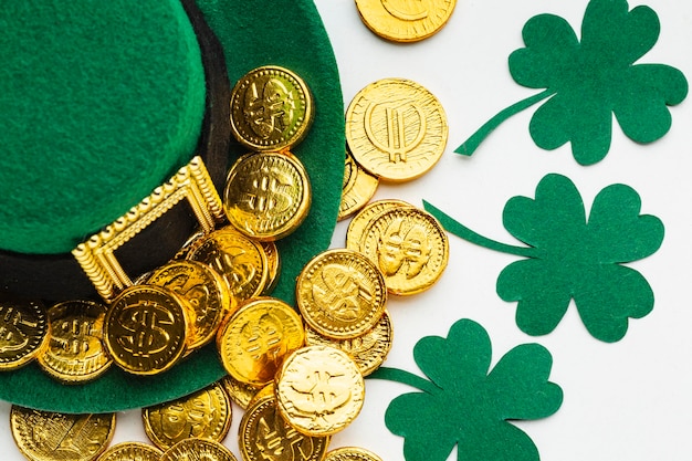 Top view hat, coins and shamrocks