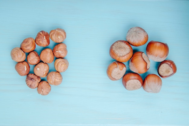 Top view of hazelnuts in shell and without shell on blue background