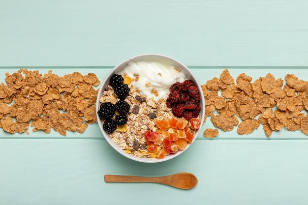 Top view healthy breakfast on table