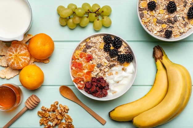 Top view healthy breakfast on table