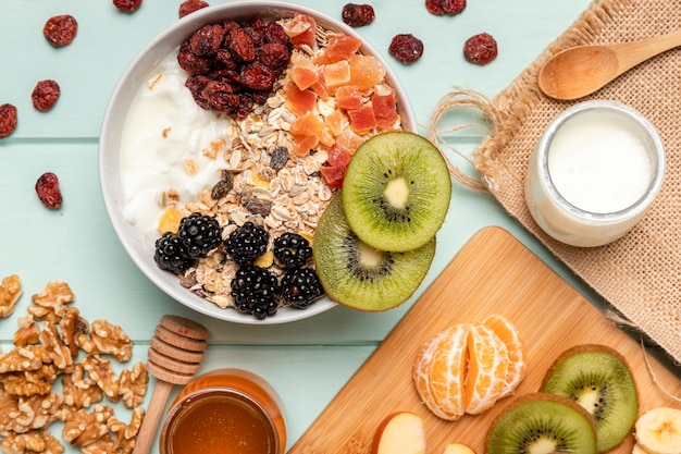 Top view healthy breakfast on table