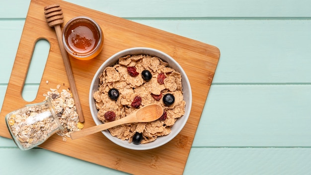 Top view healthy breakfast on table