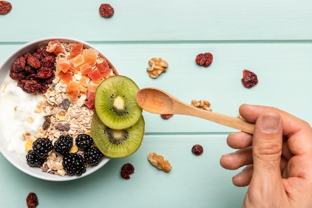 Top view healthy breakfast with muesli