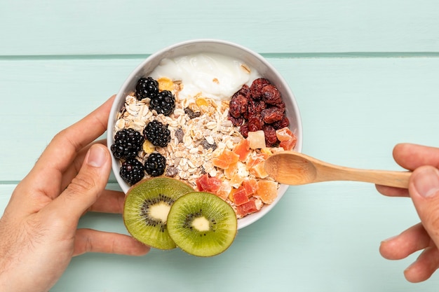 Top view healthy breakfast with muesli