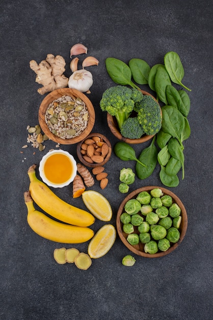 Top view of healthy immunity boosting foods