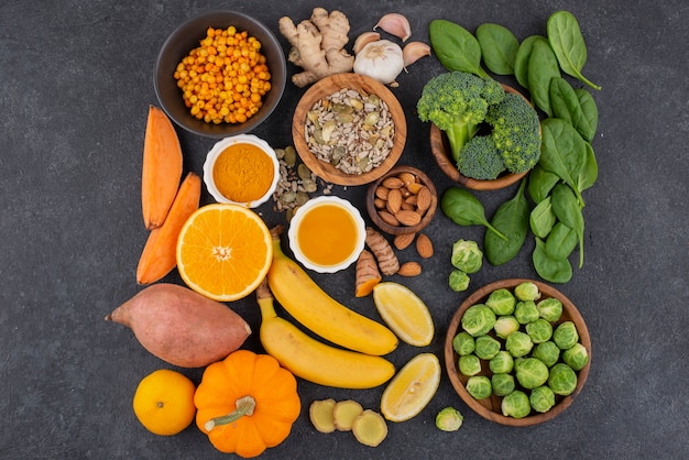 Top view of healthy immunity boosting foods