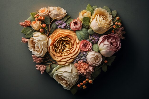 Top view of heart made of blooming flowers