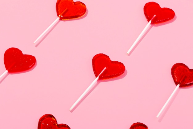 Top view over  heart shaped lollipops