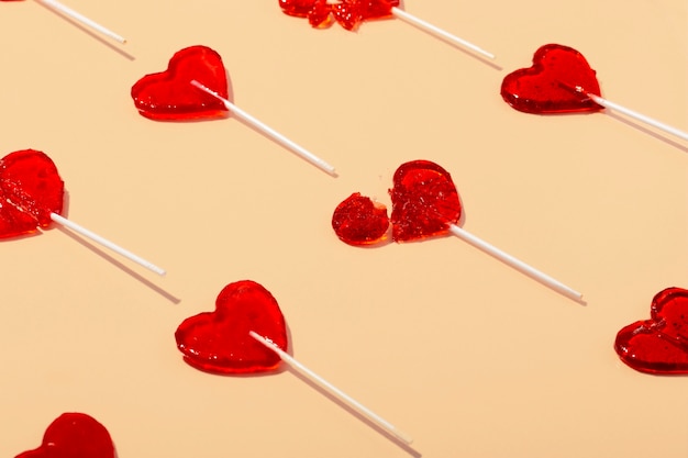 Top view over  heart shaped lollipops