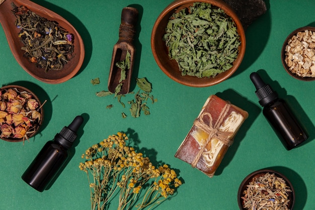 Free photo top view herbal therapy products