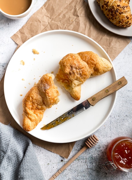 Top view homemade croissants on a plate