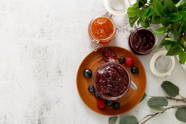 Top view homemade forest fruit jam