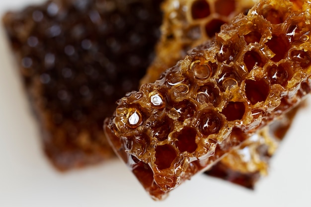 Top view of honeycomb with beeswax and honey