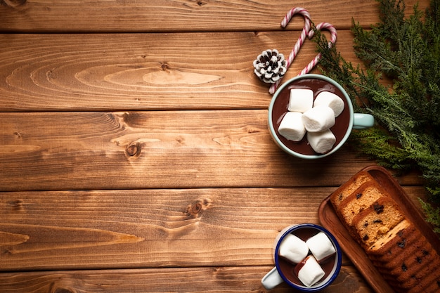 Top view hot chocolate with cake