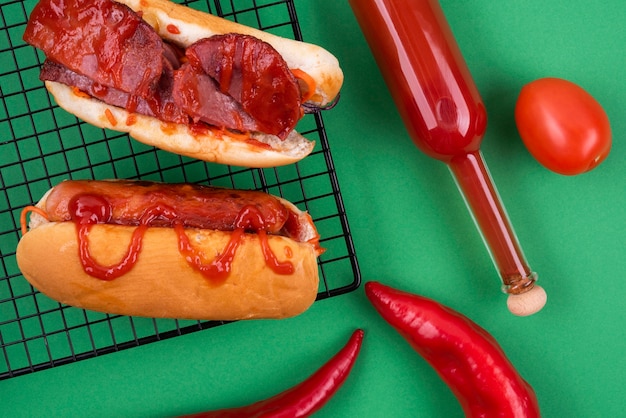 Top view of hot dog with tomato ketchup and chilies