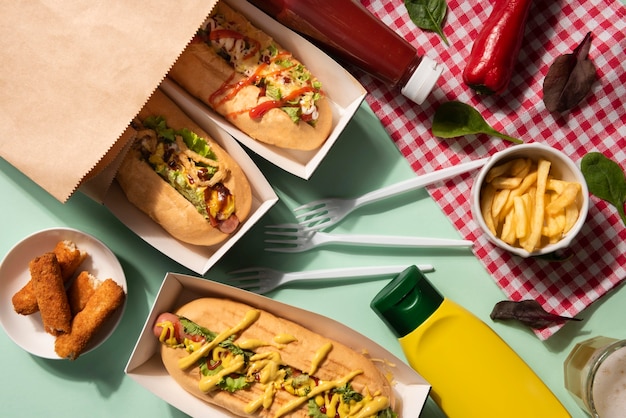 Top view of hot dogs with assortment of fillings and mustard