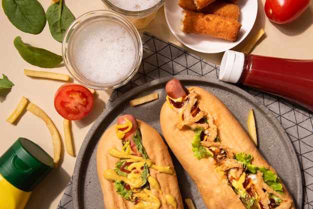 Top view of hot dogs with mustard and ketchup