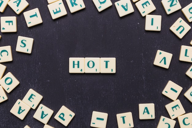 Top view of hot text on scrabble letters over black backdrop