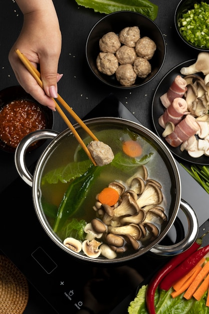 Top view over hotpot dishes