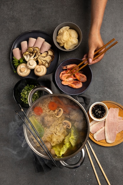 Top view over hotpot dishes