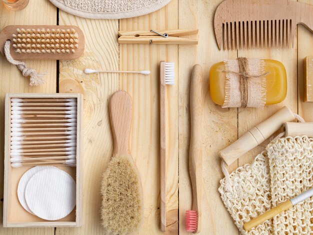 Top view hygiene items arrangement 